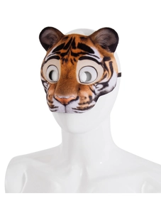 Detailed view of plush tiger EVA mask with orange stripes and elastic headband for cosplay