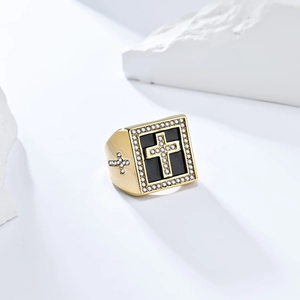 Men's hip hop square signet ring in gold with a sparkling cross and white cubic zirconia