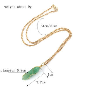 Detail view of handmade gold wire wrapped green aventurine crystal pendant with dimensions