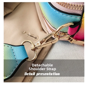 Detail of colorful rainbow crossbody bag with gold lobster clasp and lychee texture