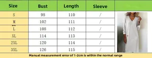 Detailed size guide table for V-neck slim fit long dress from size S to 3XL
