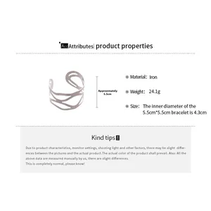 Detailed product dimensions for the irregular silver镂空 wavy design iron bangle set