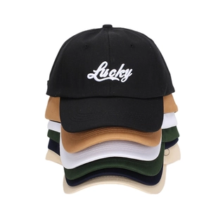 Outdoor cotton baseball cap with Lucky embroidery in multiple colors stacked vertically