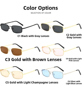 Matrix display of six retro rectangular metal sunglasses in various frame and lens colors