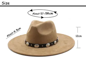 Detailed size chart for suede fedora hat with brim width, height, and circumference info