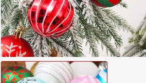 Macro detail of painted Christmas baubles with snowflake patterns and glitter on pine branches