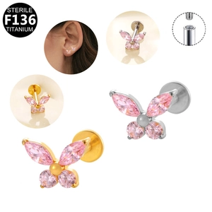F136 titanium butterfly labret stud with pink zircon and internal threading mechanism
