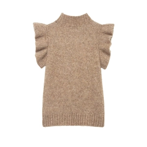 Women's brown mock neck knit vest top with elegant ruffled cap sleeves for layering