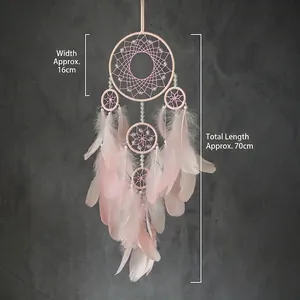 Pink handmade dreamcatcher with feathers and beads, size 16x70cm for wall decor