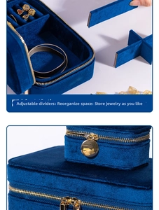 Detail of blue velvet jewelry box with adjustable dividers and golden zipper hardware