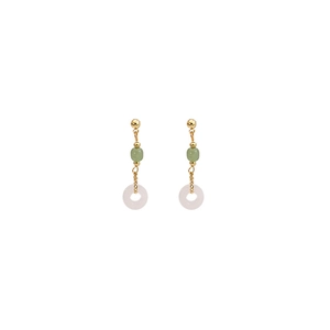 Detail of gold earrings with green beads and white drop tassels in retro Chinese style