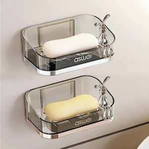 Luxury Wall Mounted Soap Dish PET Drainage Holder Punch Free Bathroom Storage Rack With Electroplated Trim