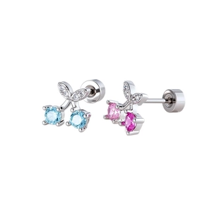 Sweet cherry cartilage studs with pink and blue zircons on a white background