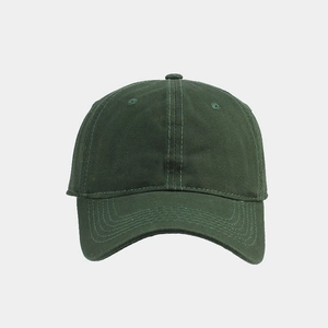 Detailed front view of dark green cotton twill baseball cap with six-panel structure