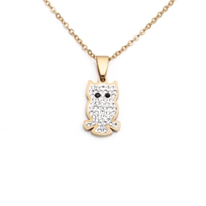 Macro shot of owl pendant necklace with pavé-set clear crystals and gold finish
