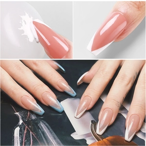 Long trapezoidal French fake nails set with blue and white V-shaped tips design