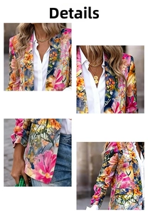 Detail shot of vibrant floral print blazer showing the lapel and stitching quality