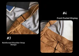Detail view of reinforced shoulder strap stitching and front double pockets on canvas bag