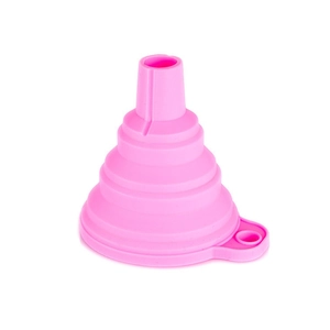 Pink collapsible silicone kitchen funnel with long neck and hanging hole for liquid transfer