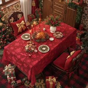 Red Christmas lace tablecloth featuring festive snowflake and Santa Claus patterns