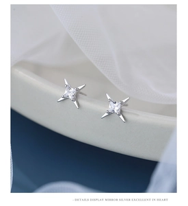 Macro shot of silver S925 star stud earrings with sparkling square cubic zirconia details