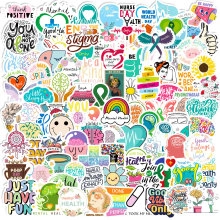 Close-up of 100 cute mental health awareness stickers with positive quotes and icons