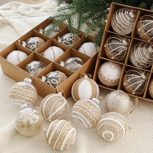 8cm Christmas ball ornaments set with diverse textures in a rustic kraft storage box