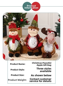 Detailed view of Christmas plush gift bags featuring Santa, snowman, and reindeer doll motifs