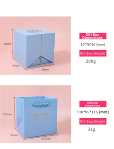Detailed set of blue embossed jewelry gift box and matching carrier bag with gold lettering