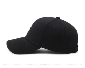 Side view of black 6-panel baseball cap showing breathable eyelets and twill cotton texture