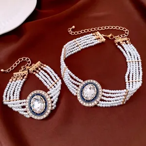 Vintage Palace Style Multi Layer Faux Artificial Pearl Necklace And Bracelet With Blue Enamel Oval Crystal Pendant Alloy Rhinestone
