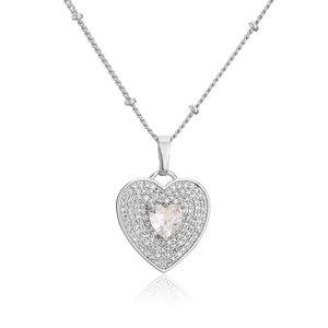 Silver heart pendant necklace with micro-p镶 pave zircon and central heart-shaped stone