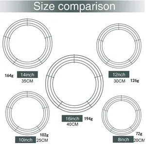 Detailed size comparison chart for gold DIY metal floral wreath ring frames from 8 to 16 inch