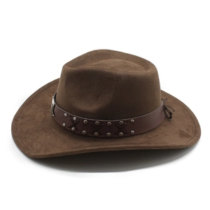Detail of brown faux suede cowboy hat featuring leather band with silver studs
