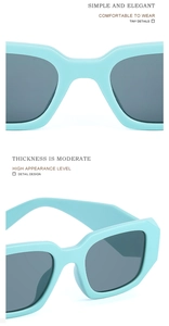 Close-up of thick light blue frame sunglasses with premium polished finish detail