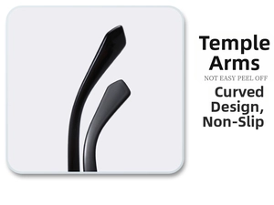 Detail showing the curved anti-slip temple design of lightweight black resin sunglasses