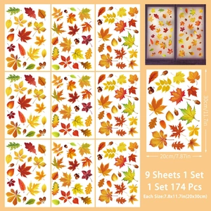 9-sheet set of autumn maple leaf window clings with 174 pieces for Thanksgiving glass decor