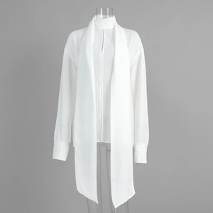 Detailed view of long scarf tie neckline on white semi-sheer chiffon blouse shirt