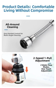 Detail of 360° rotating faucet aerator with dual spray modes and flexible metal hose