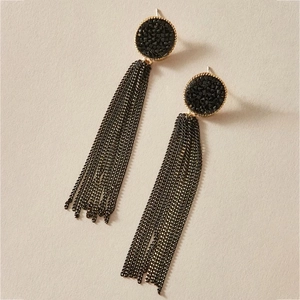 Detailed macro of vintage dark style long fringe earrings with black rhinestones