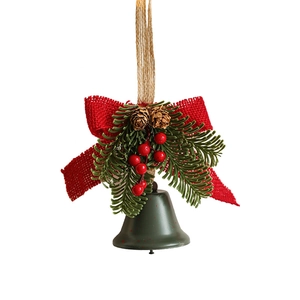 Christmas hanging ornament with metal bell, red burlap bow, pine cones and red berries