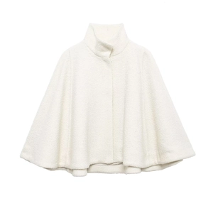Women Elegant Stand Collar Cape Coat Bouclé Tweed Textured Blended Loose Fit Poncho Jacket For Autumn Winter