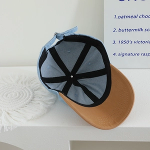 Kids denim baseball cap with heart patch in blue and khaki with metal buckle