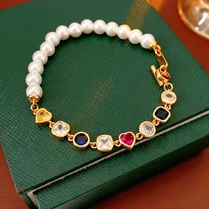 Bracciale Vintage Di Künstliche Perle Con Zirconia Cubica A Cuore Colorato E Chiusura OT In Rame Placcato Oro Gioielli Per Donna