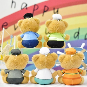 Detailed rear view of colorful plush bears wearing various professional service uniforms