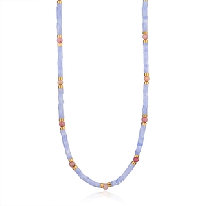 Detailed view of handmade beaded necklace with purple agate and gold spacers