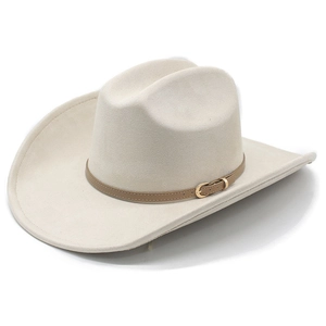 Cream wool felt western cowboy hat featuring a brown leather belt and gold buckle accent