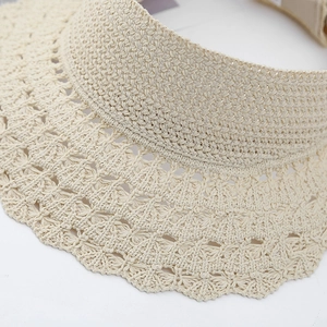 Gros plan sur la maille beige ajourée et le bord en dentelle de ce chapeau de soleil