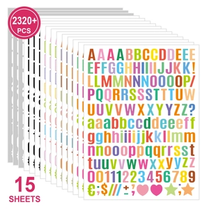 Detail view of 15 sheets of colorful letter and number stickers with 2320 pieces total