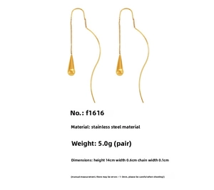 Detail of stainless steel gold droplet tassel earrings showing 14cm length and 5.0g weight
